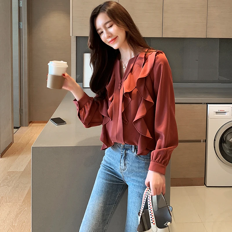 2021 Весенняя шифоновая рубашка модное женское платье с v-образным воротом