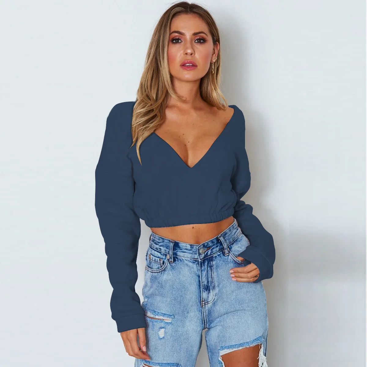 С длинными и короткими рукавами с v-образным вырезом короткий свитер 2018 осенние