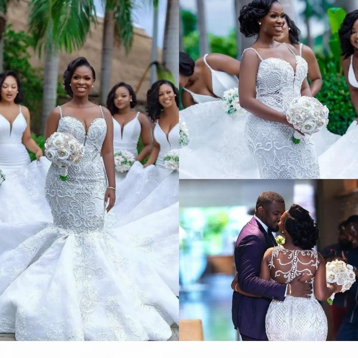 

African Plus Size Mermaid Wedding Dresses Spaghetti Lace Appliqued Pearls Beads Sheer Country Custom Made Beach Bridal Gowns