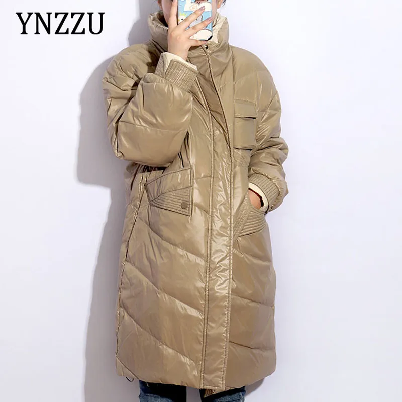 

Elegant 2021 Winter Stand collar Down coat Women Solid Fashion Loose 90% White duck down jacket Warm Overcoat Female YNZZU 1O361