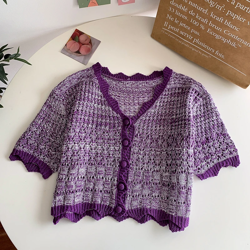 

Sweet Design Falbala Crochet Knitwear V Neck Casual Thin Cardigan Sweater