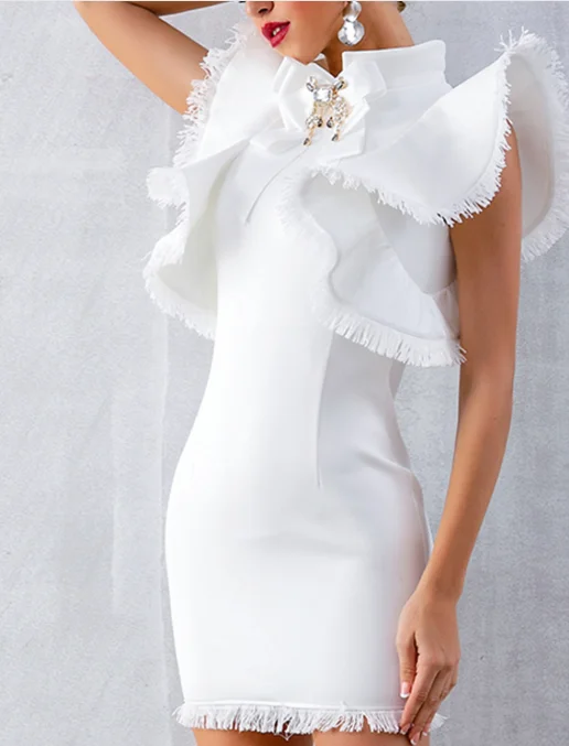 

2021 New Summer Women White Celebrity Runway Party Dress Vestidos Sexy Sleeveless Ruffles Tassel Black Bodycon Club Dress