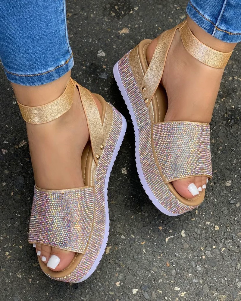 

Fashion Platform Sandals Ladies High Heels Summer Sexy Shiny Open Toe Shoes Sequined Cloth Wedges High Heel Sandals Gold Silver