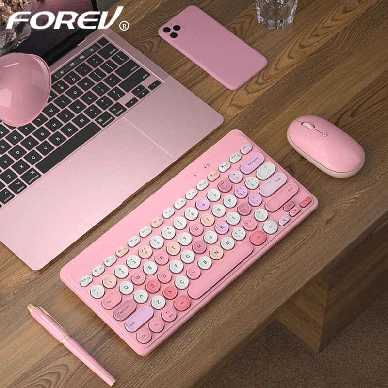 

FV-WI9 2.4G Wireless Keyboard Set Mixed Candy Color Roud Keycap Keyboard and Mouse Comb for Laptop Notebook PC Girls Gift