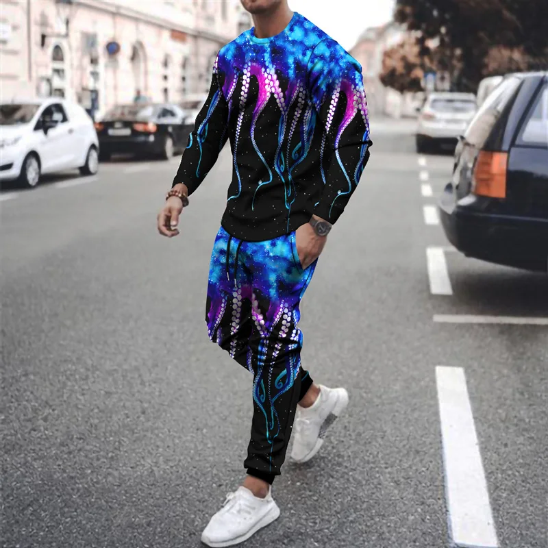 

2021 Color Psychedelic Octopus 3D Printing Men's Round Neck Long Sleeve T-shirt Sweatshirt 2-Piece Large Size Casual Sportswear