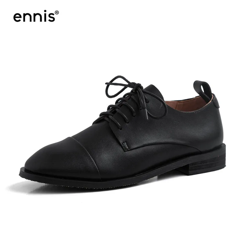 Black ENNIS/ г. Модная женская повседневная обувь из натуральной кожи осенние туфли-оксфорды на плоской подошве с круглым носком на шнуровке желтого, бежевого, красного, черного цвета C9115 - Цвет: Black