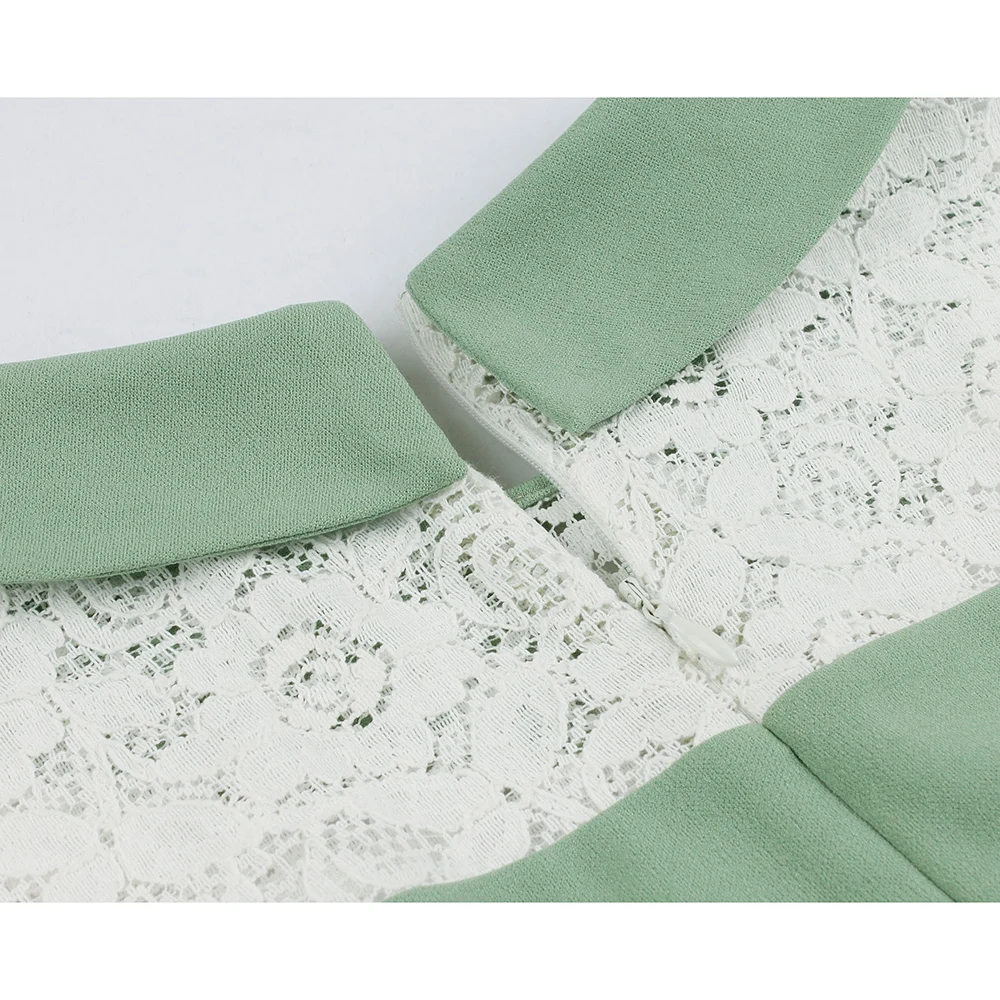 

2021 Patchwork Lace Women Casual Beach Party Dress Turn Down Collar Solid White Green Swing Rockanilly Dresses 20s 40s 60s 50s