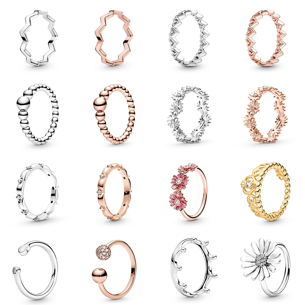 925 Sterling Silver Ring Charms Rose Gold Stripe Design Round Ball Diy Crystal Flower Finger Ring For Women Gift Fashion Jewelry