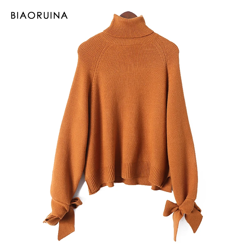 BIAORUINA женский корейский стиль однотонный свободный водолазка свитер с бантом