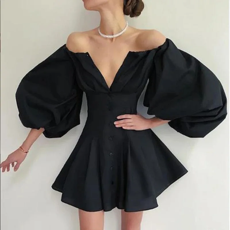 

WEPBEL Spring and Autumn Sexy Solid Color Slim Dress Women's Casual Puff Sleeve Slash Neck Single-Breasted High Waist Dress