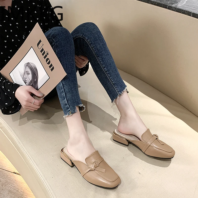 Woman Mules Shoes Outdoor Slippers Female Square Toe low heel Casual Comfortable slippers metal decoration slides | Обувь