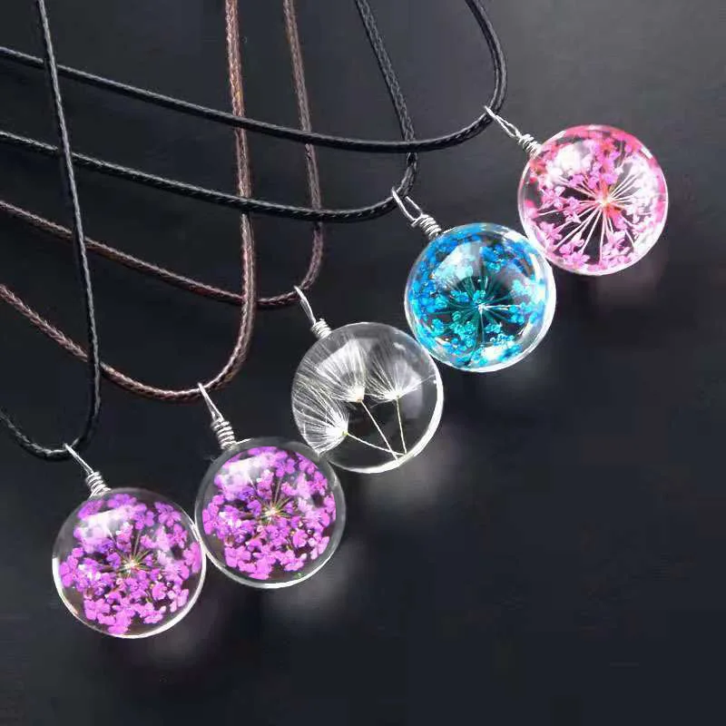 

Handmade Transparent Glass Dried Flower Necklaces Peach Blossom Dandelion Gypsophila Leaf PlantPendant Necklaces Jewelry