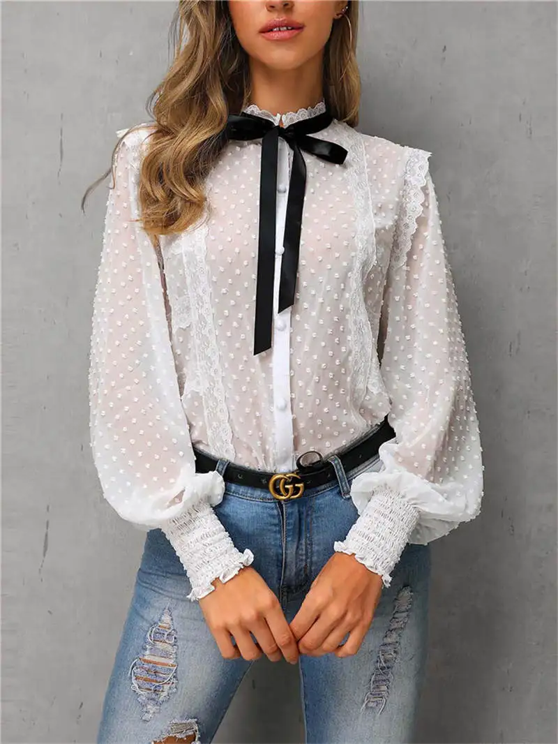 Однотонная прозрачная открытая блузка женская белая рубашка с длинным рукавом