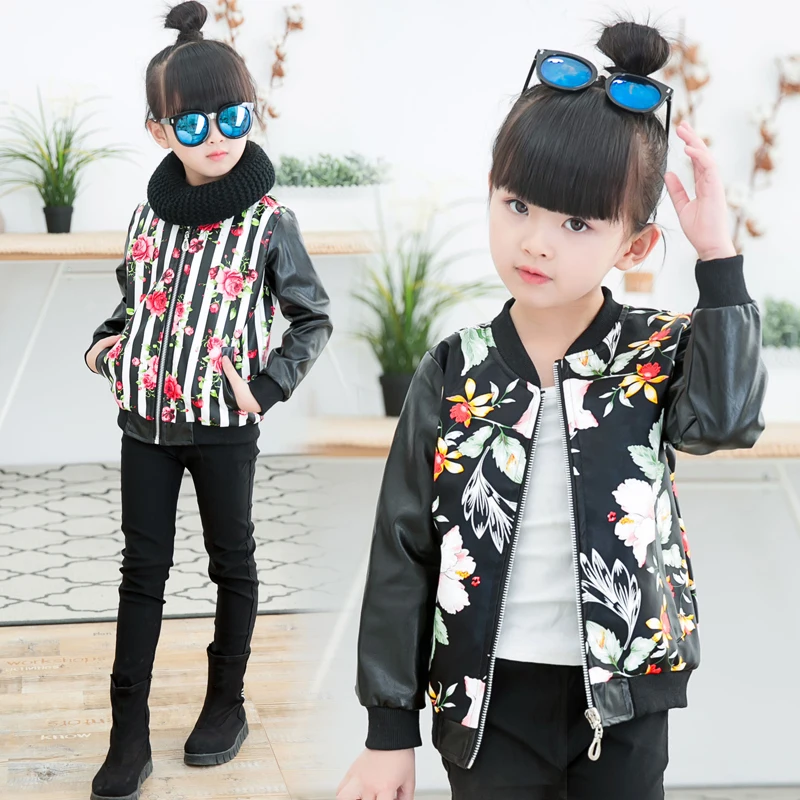 2017 new fashion children's pu jacket 3-9 years old girl round neck print flowers camouflage artificial leather coa | Детская одежда
