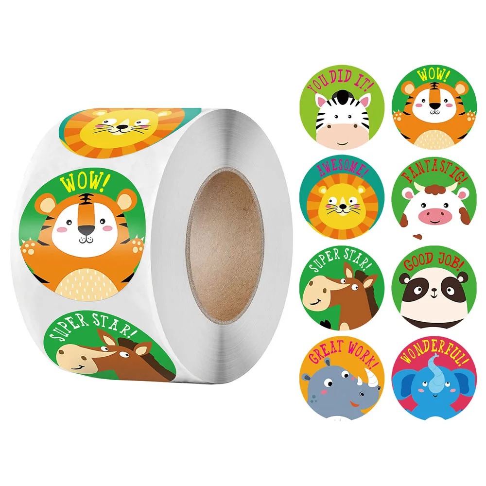

Cartoon Animals Sticker for Kids 50-500pcs Round Encourage Sealing Labels 8 Designs for Teacher Supplies Cute Reward Sticker