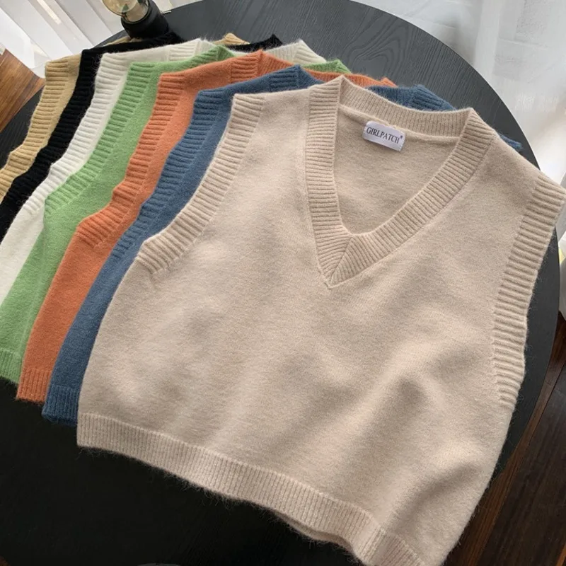 

Осень-зима 2021, свитер с V-образным вырезом, вязаный жилет, женский короткий свитер без рукавов с высокой талией, топы, повседневный вязаный жи...