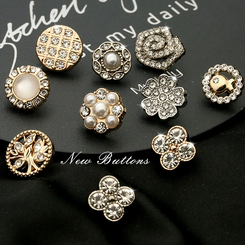 

10pcs Flower Rhinestones Pearl Gold Shirt Metal Diamond Buttons for Clothing Blouse Women Cardigan Decor Needlework Sewing