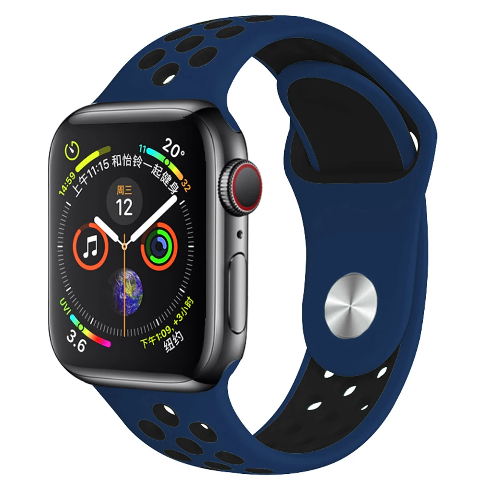 Dark blue with black Мягкий силиконовый сменный спортивный ремешок для Apple Watch, 38 мм, 40 мм, серия 1, 2, 3, 4, 5, 42 мм, 44 мм, браслет на запястье, ремешок для iWatch Sports - Цвет ремешка: Dark blue with black