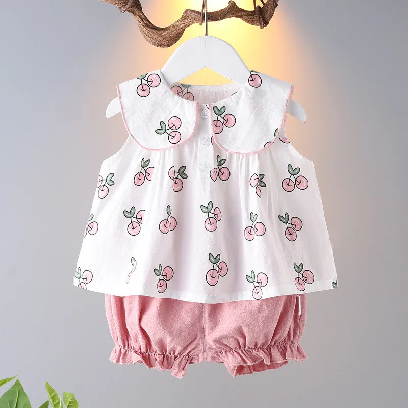 

Summer New Baby Cute Suit Baby Girl Clothes Lapel Sleeveless Printed Top + Beautiful Shorts Cute Fashion Children's Clothing