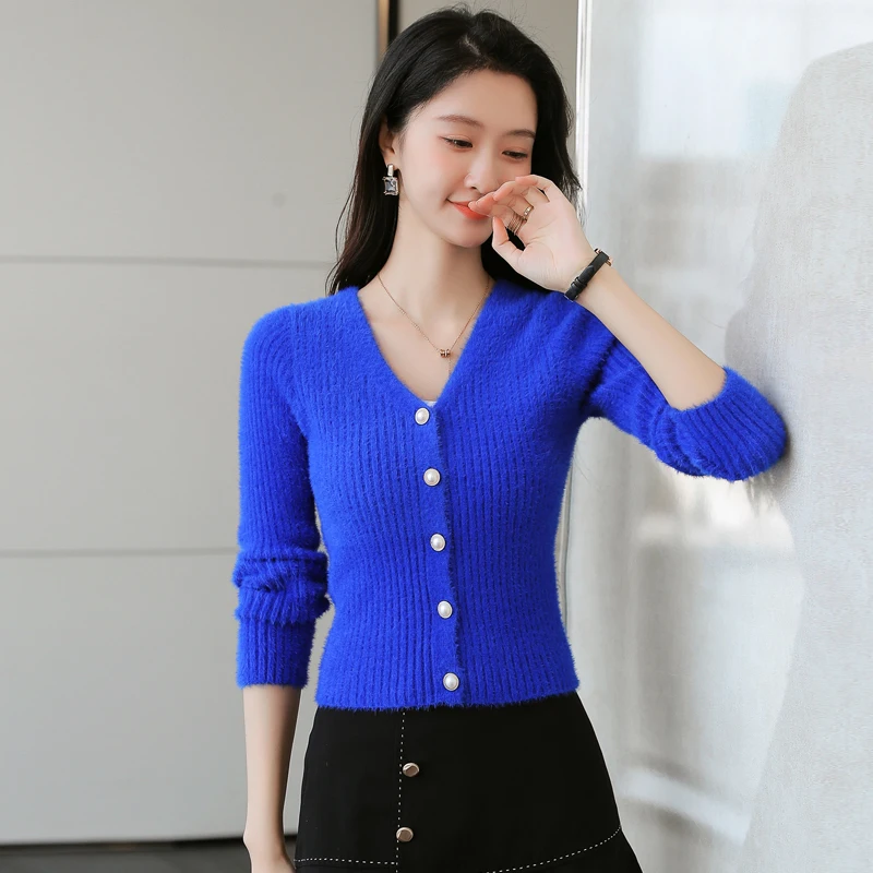 

New 2021 Elegant Vintage Cardigan Sweater For Women Winter Fashion V-Neck Imitation Mink Cashmere Fuzzy Slim Short Knit Jacket