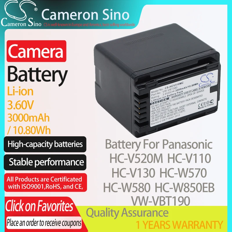 

CameronSino Battery for Panasonic HC-V520M HC-V110 HC-V130 HC-W570 HC-W580 fits Panasonic VW-VBT190 Digital camera Batteries