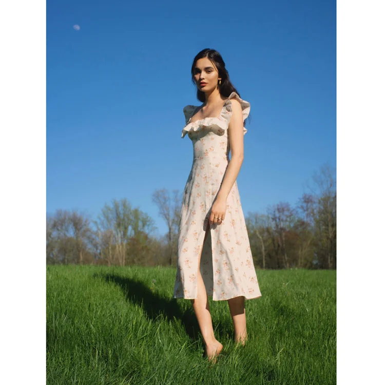 

linen floral sleeveless dress with slim waist and new French dress in summer