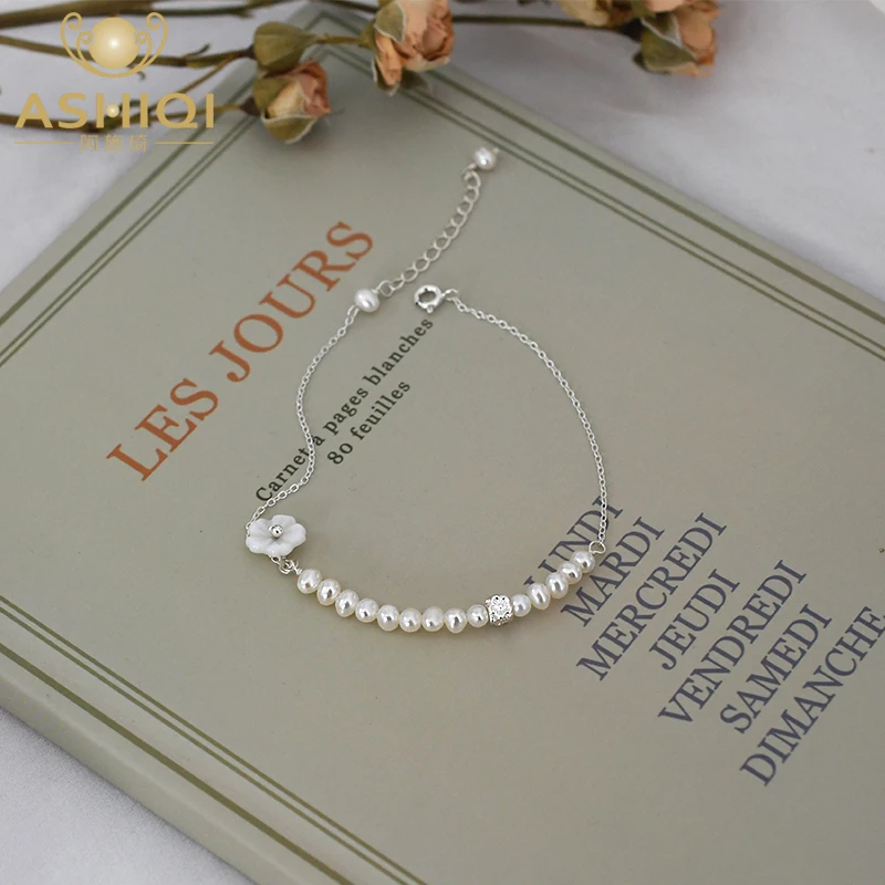 

ASHIQI 3-4 mm mini freshwater pearl bracelet 925 sterling silver for women Natural shell Flowers Fashion match