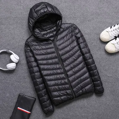 Hooded black Повседневная мужская пуховая куртка, Осень-зима, мужской тонкий светильник с воротником-стойкой и капюшоном, пуховик на белом утином пуху, Мужская однотонная теплая верхняя одежда - Цвет: Hooded black