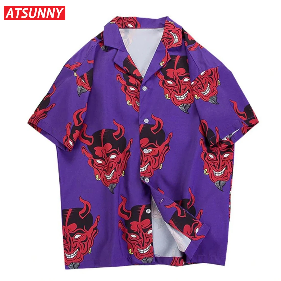 ATSUNNY Demon Print Short Sleeve Shirt HipHop Streetwear Casual Shirt Man Summer Fashion Hawaiian Shirts Tops
