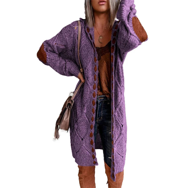

Hooded Long Cardigans Sweater Women Khaki Red Purple Tops 2021 New Spring Autumn Plus Size Loose Fashion Knitted Sweater N1179