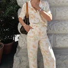 Женский винтажный комплект из двух предметов XEASY, свободная рубашка с V-образным вырезом и коротким рукавом, повседневные брюки с высокой талией, лето 2021