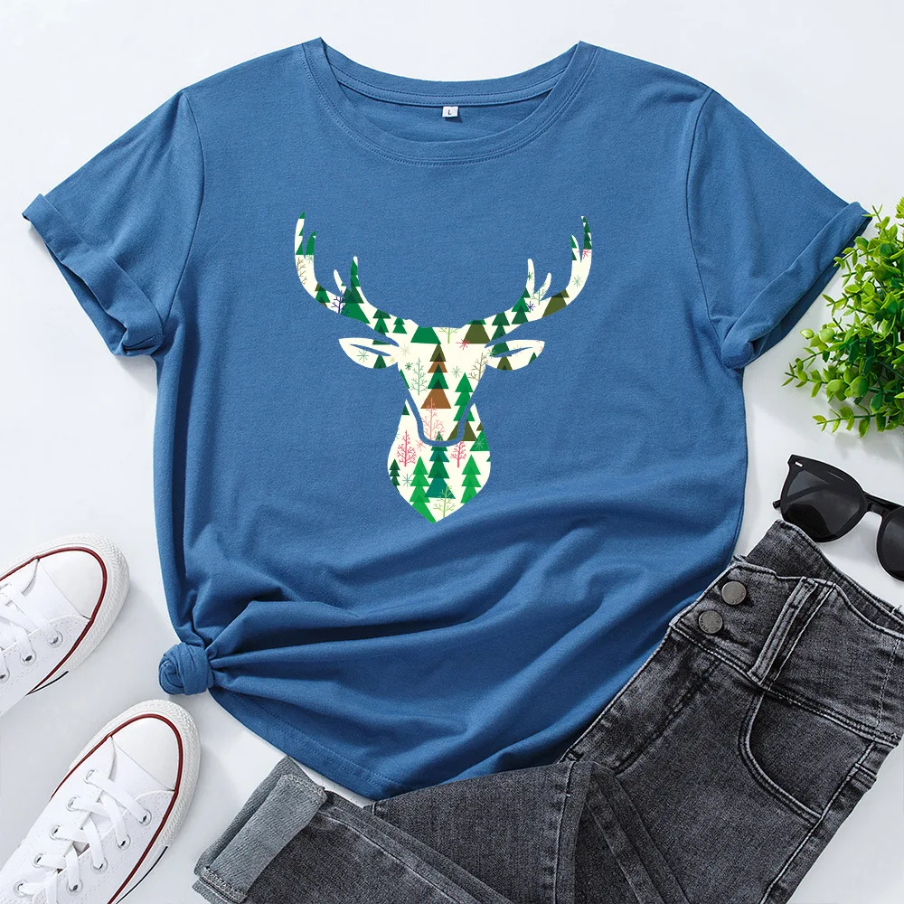 

Plus Size Christmas Tree Deer Head Print Tshirt Short Sleeve Cotton T-Shirt Harajuku Cartoon Funny Graphic Tee Shirt Top Clothes