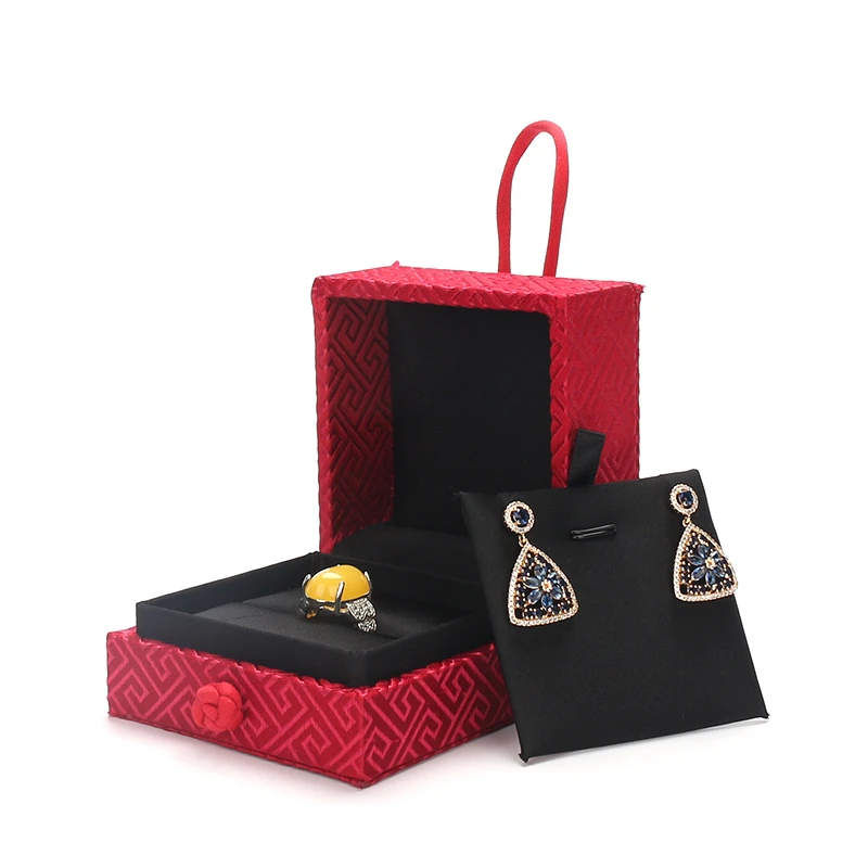 

Red Earrings Jewelry Packaging Box Available Brocade Button Jewellery Ring Pendent Organizers Storage Gift Case For Engagement