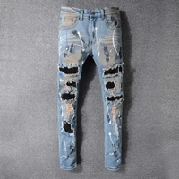 fashion streetwear men jeans retro blue dirty wash painted designer patchwork punk denim trousers hip hop destroyed ripped pants