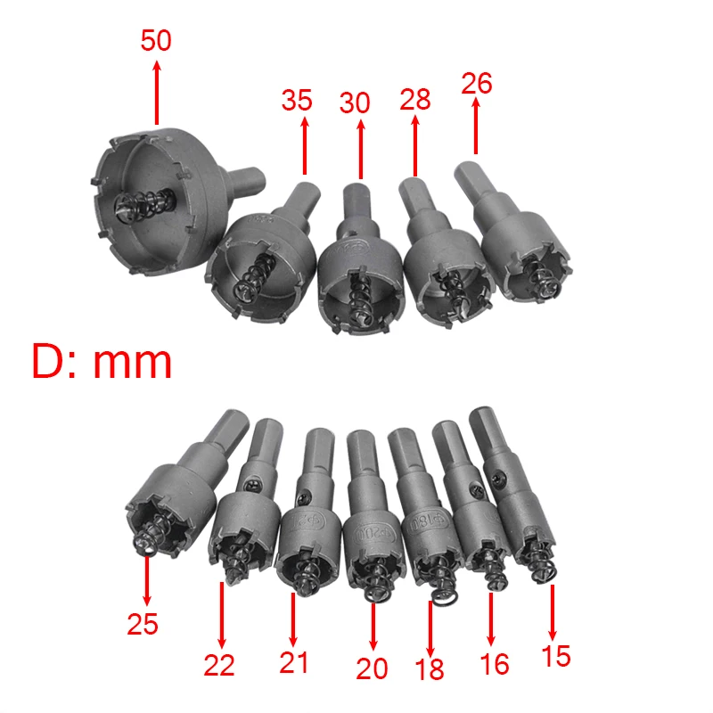 

12Pcs/Set Stainless Steel Alloy Wood Cutter 15mm-50mm Metel Hole Saw Tooth Kit Drill Bit Set Universal Cutter Tool Accessories