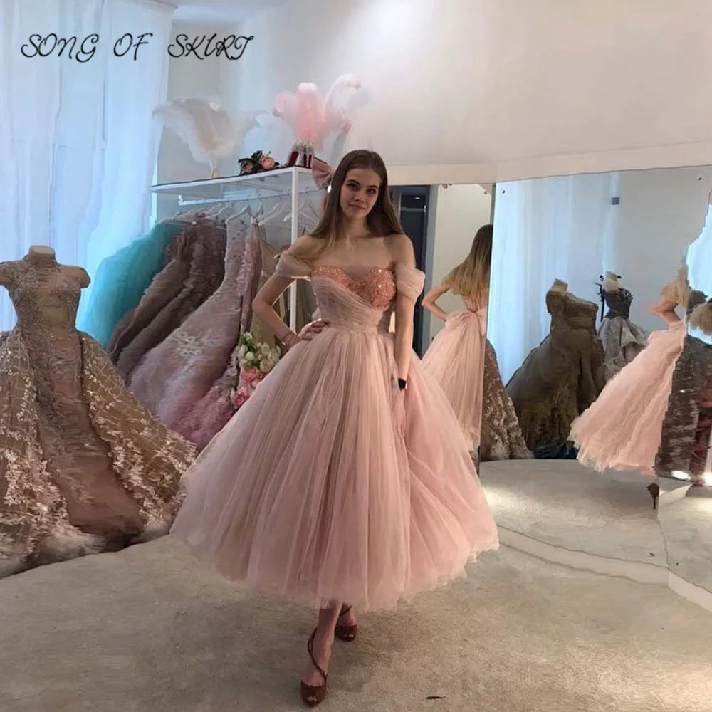 

Tea Length Homecoming Dresses Blush Powder Sweetheart Off The Shoulder Women Festival Prom Party Gowns Vestidos De Fiesta