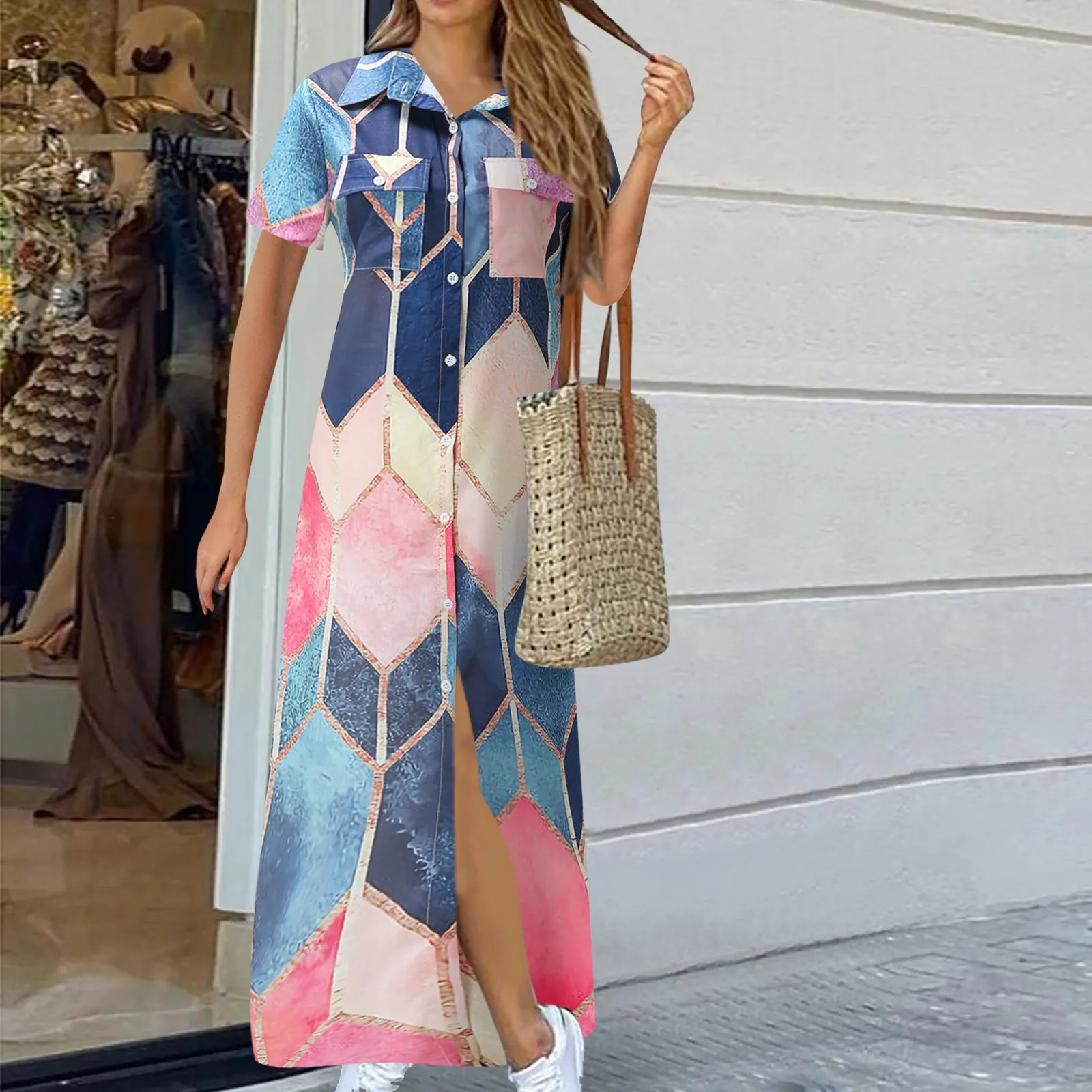 

Women Dress Short Sleeve Lapel Button Up Print Shirt Dress Irregular Dress Casual Cotton Shirt Vestidos Female Robe Plus Size R5