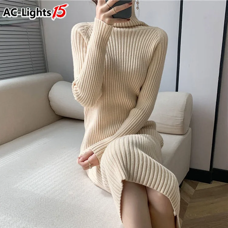 Женское трикотажное платье-свитер в рубчик с высоким воротником - купить по