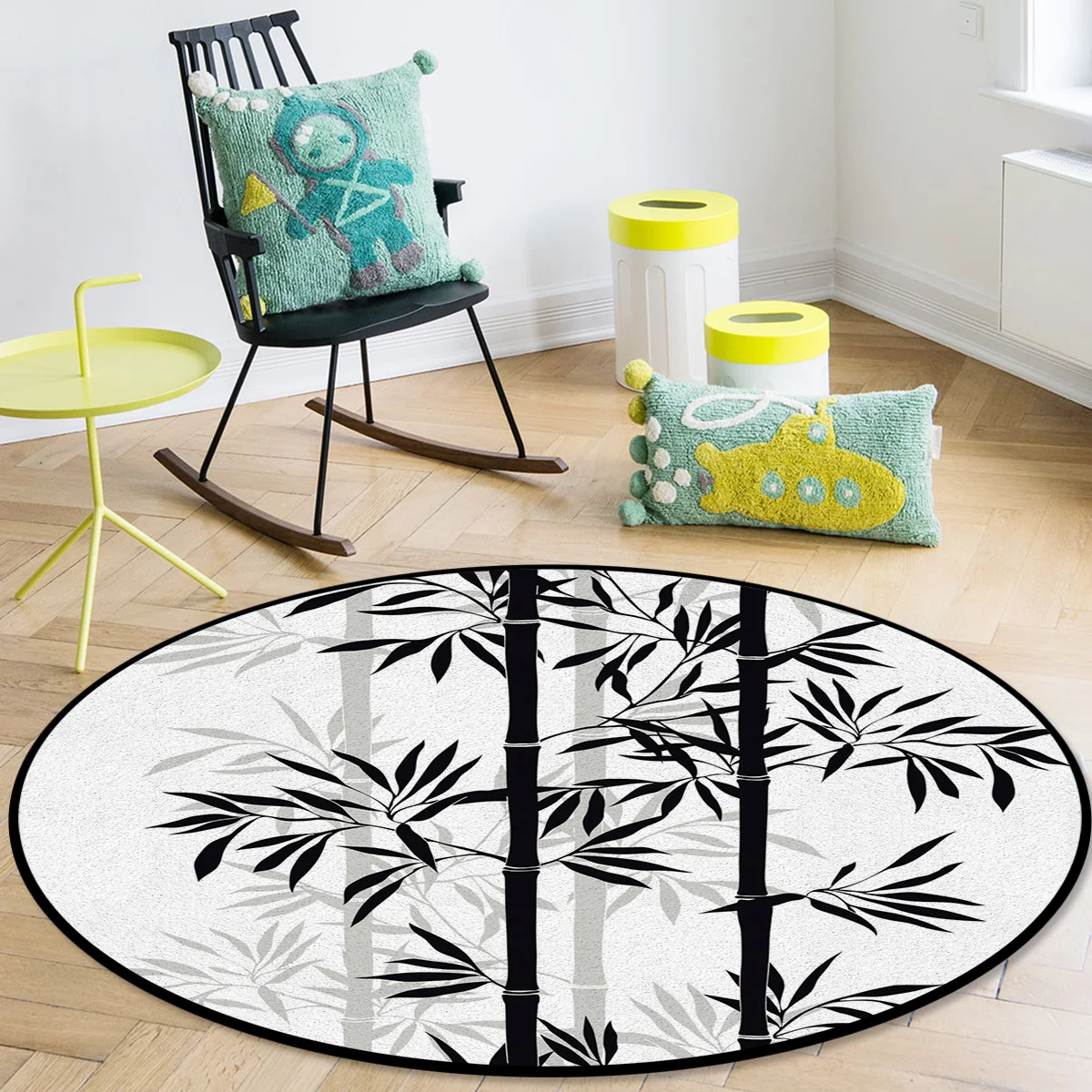 Черный белый бамбуковый круглый коврик в китайском стиле с чернилами листьями