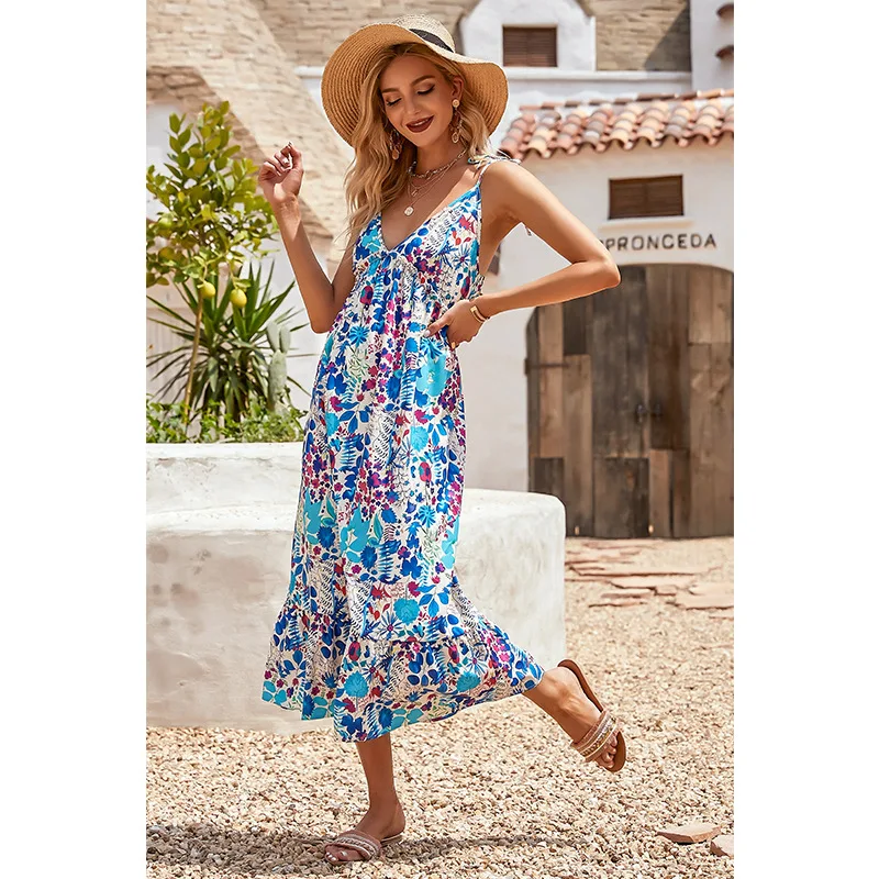 Платье с принтом в европейском и американском стиле юбка V образным вырезом на