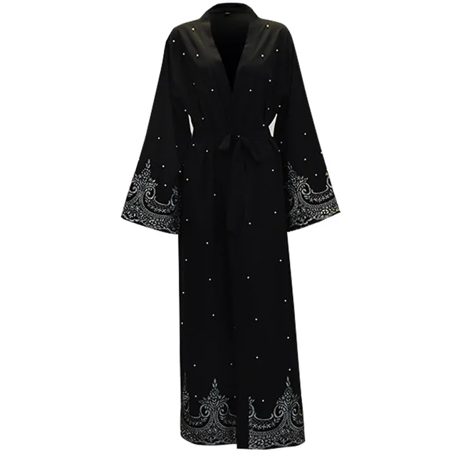 Black cardigan Дубай абайя открытый кафтан кимоно халат женский кардиган бисер мусульманский хиджаб платье кафтан Qatar Marocain Рамадан Исламская одежда - Цвет: Black cardigan