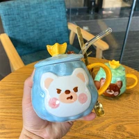 ins cute cartoon animal breakfast creative water cup girl ceramic mug with lid spoon straw mug funny coffee cup gift box friends