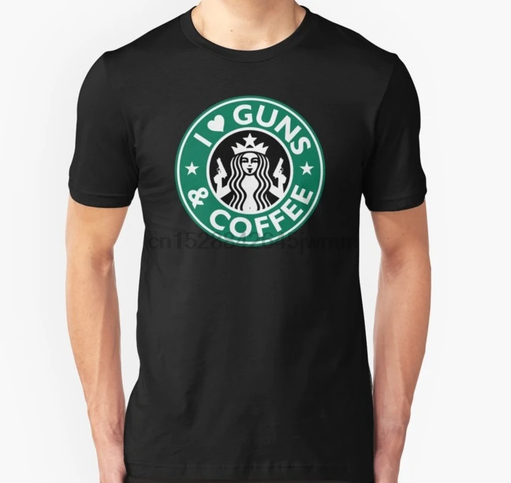 Мужская футболка I Love GUNS AND COFFEE с забавным пистолетом унисекс принтом