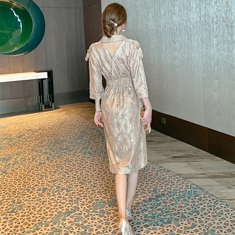 

2020 New Autumn High End Women Dresses Vintage Three-quarter Sleeve Belt Office Ladies Party Bandage Lace Trench Dress Vestidos