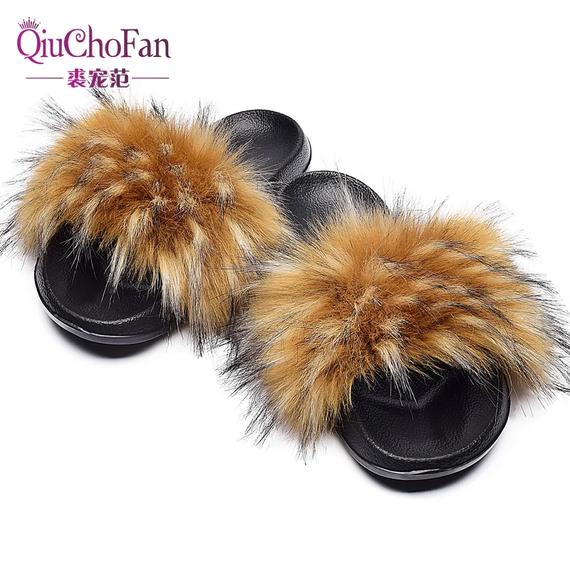 

New Fluffy Faux Fur Slides Women Fur Slippers Furry Raccoon Sandals Fake Fox Fur Flip Flops Home Fuzzy Woman Casual Plush Shoes