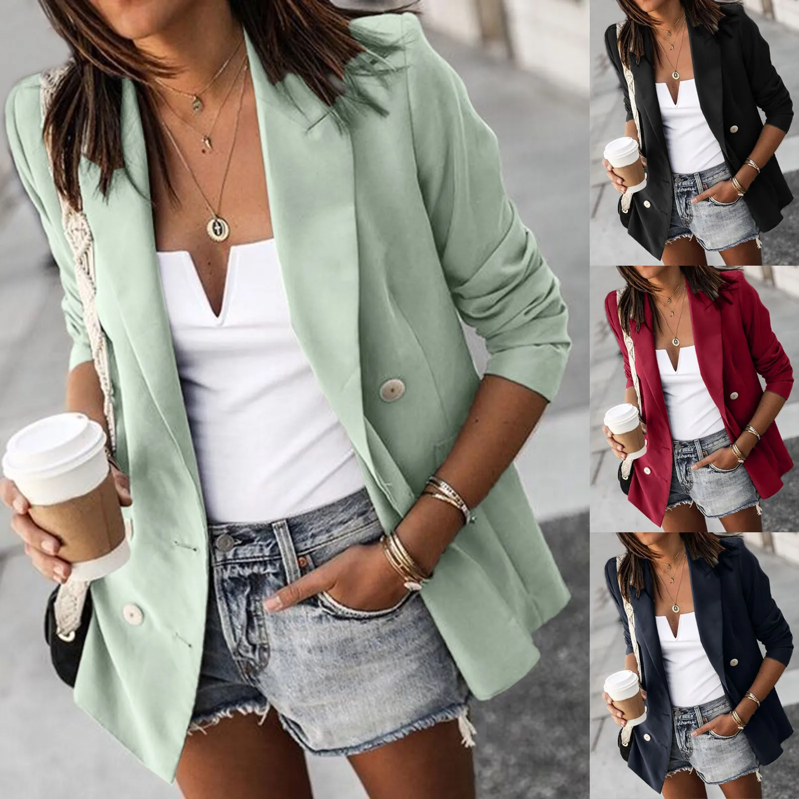 

Women's Loose Cardigan Solid Pocket Sleeve Color With Coat Lapels Casual Long Women's Coat