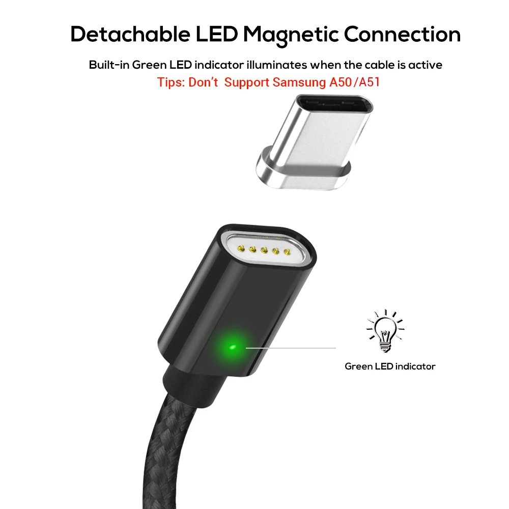 Магнитный USB-кабель TOPK F-Line с разъемом USB Type-C 5 В 2 4 А нейлоновый Плетеный