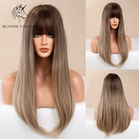 blonde unicorn women synthetic wigs long straight hair with natural bangs brown ombre daily wig heat resistant fiber