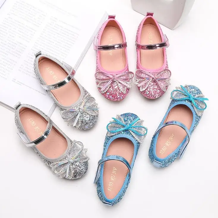 JY Children girls Bling Paillette shoes Flat princess dance party Shoes bowknot  Pink sliver blue  24-35 V8-19 GZX04