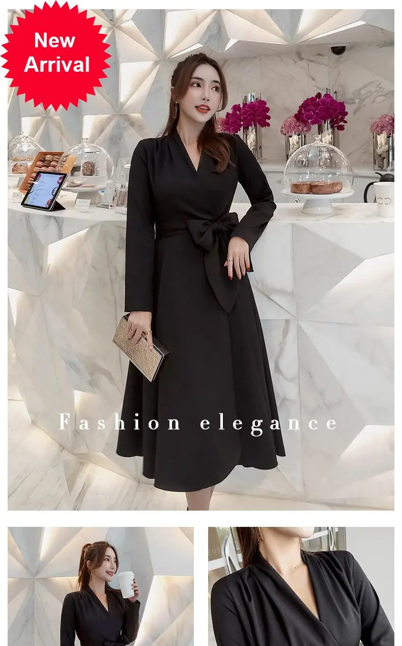 

dress women's long sleeve black 2020 Spring and Autumn New Korean style slim fit high waist lace-up A- line dress for